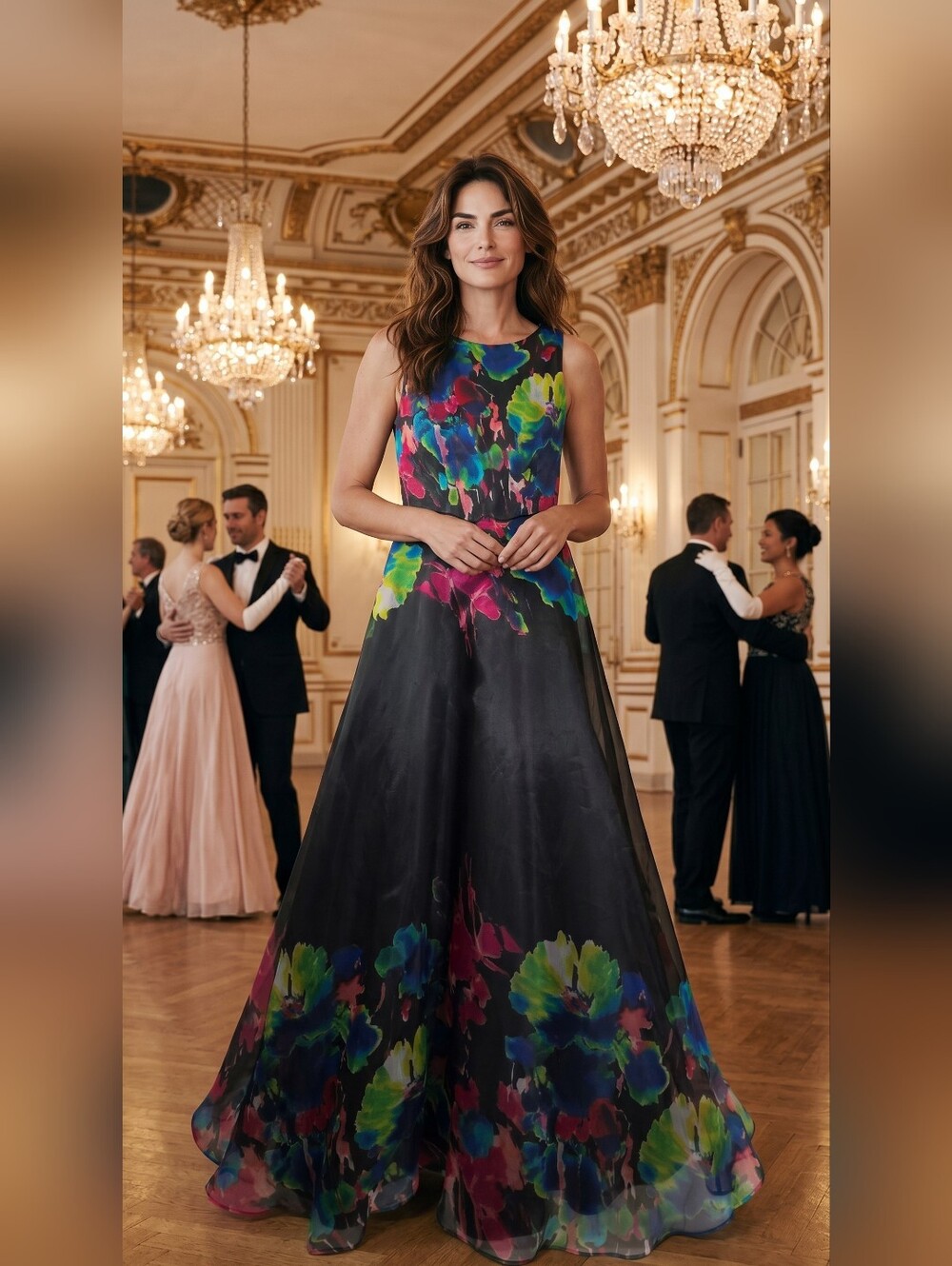 Tahari Nwot Black Sleeveless Organza Rounded Neck Blue, Pink,Floral Evening Gown